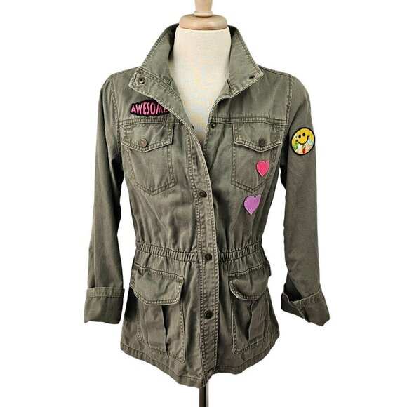 Cat & Jack Girls Military Style Jacket Snap Close Emoji Patch 4 Pocket XL Green - Picture 2 of 11